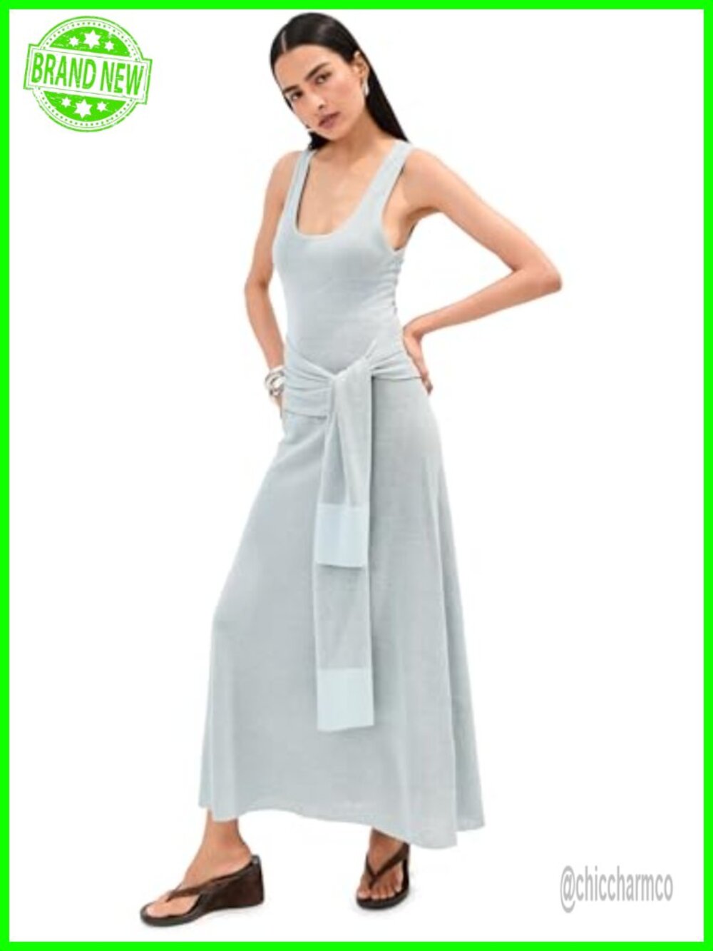 Women's Lightweight Stretch Knit Midi Dress with Self-Belt A-Line